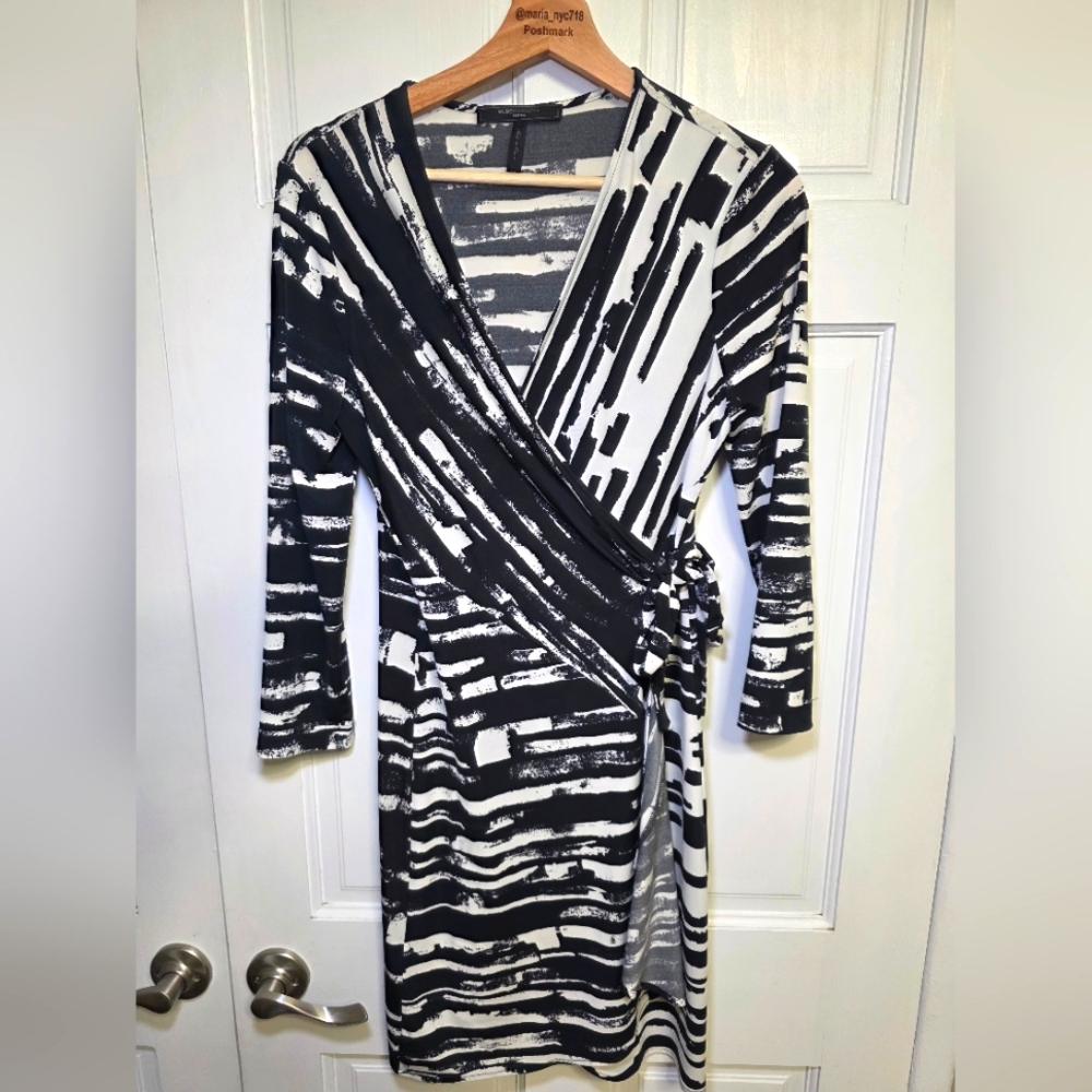 BCBG Maxazria Stretch Wrap Dress- Adele Black & White- Med Petite